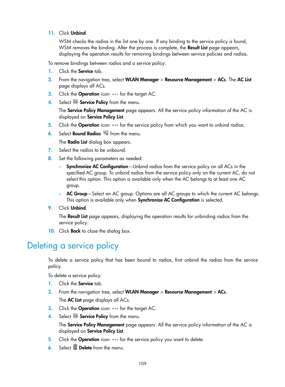 Deleting a service policy | H3C Technologies H3C Intelligent Management Center User Manual | Page 131 / 751