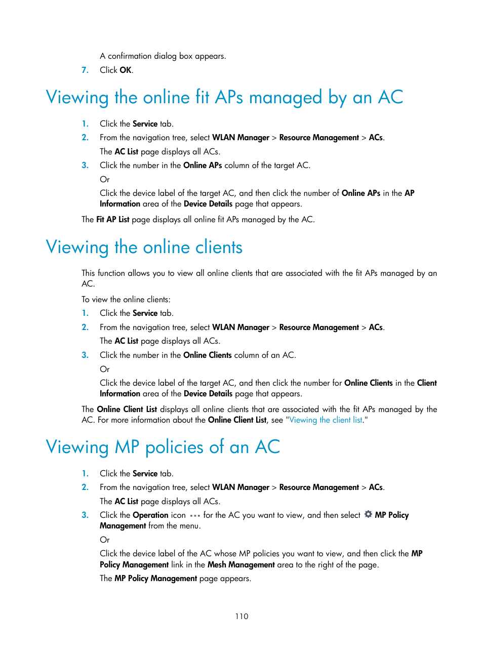 Viewing the online fit aps managed by an ac, Viewing the online clients, Viewing mp policies of an ac | H3C Technologies H3C Intelligent Management Center User Manual | Page 132 / 751