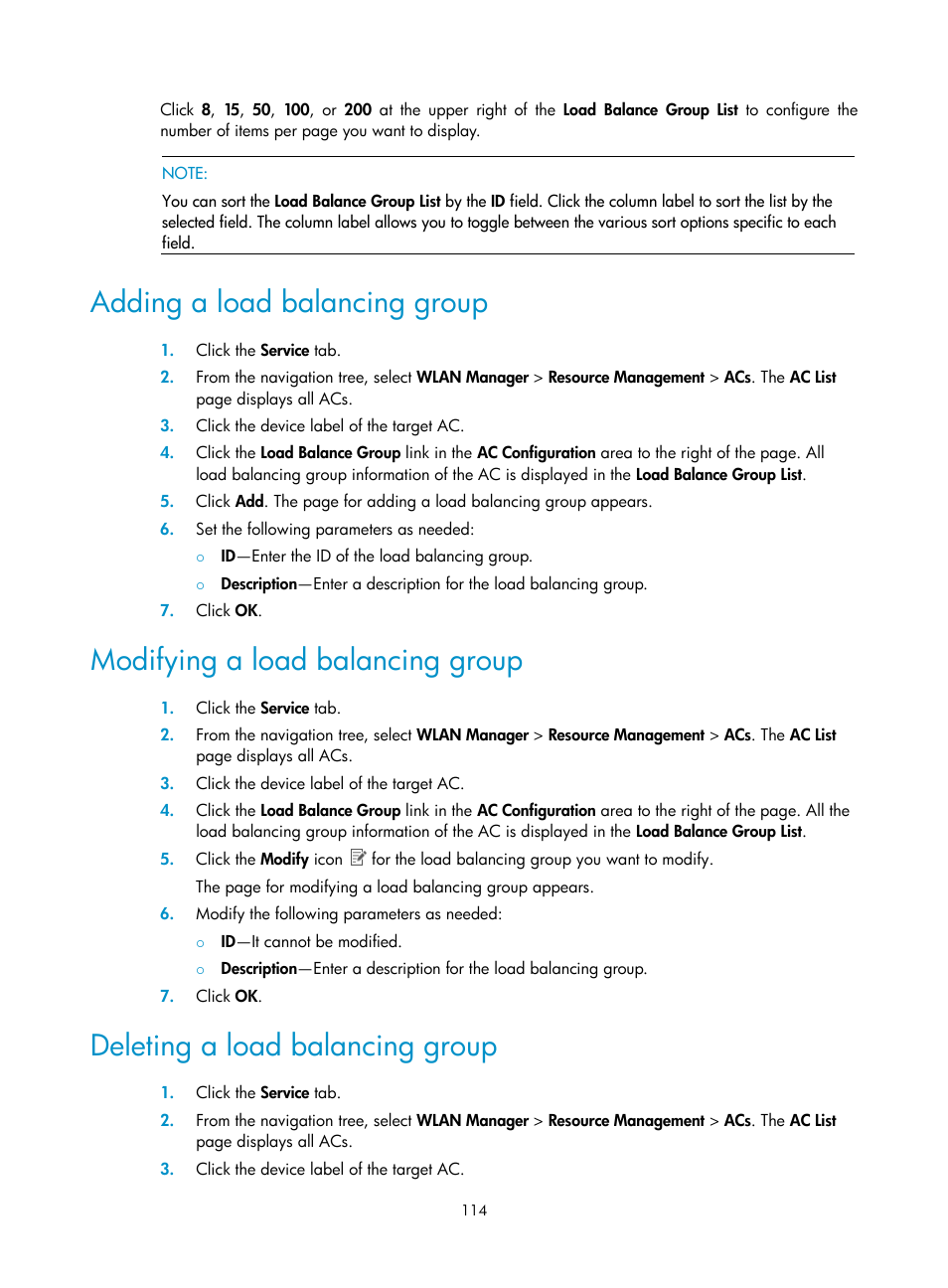 Adding a load balancing group, Modifying a load balancing group, Deleting a load balancing group | H3C Technologies H3C Intelligent Management Center User Manual | Page 136 / 751