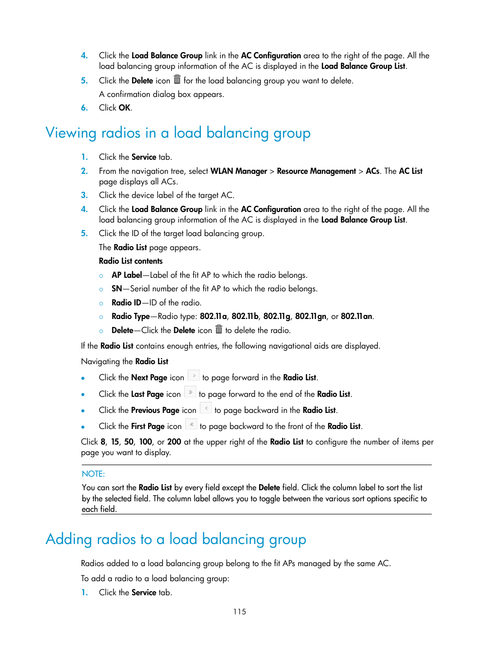 Viewing radios in a load balancing group, Adding radios to a load balancing group | H3C Technologies H3C Intelligent Management Center User Manual | Page 137 / 751