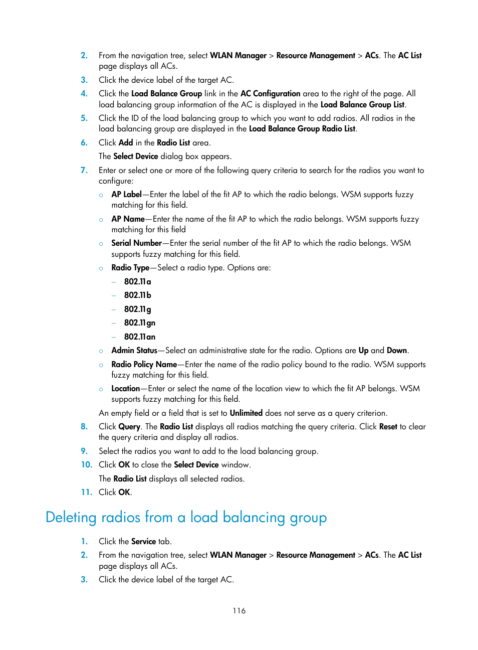 Deleting radios from a load balancing group | H3C Technologies H3C Intelligent Management Center User Manual | Page 138 / 751