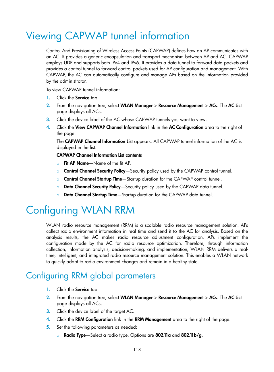 Viewing capwap tunnel information, Configuring wlan rrm, Configuring rrm global parameters | H3C Technologies H3C Intelligent Management Center User Manual | Page 140 / 751