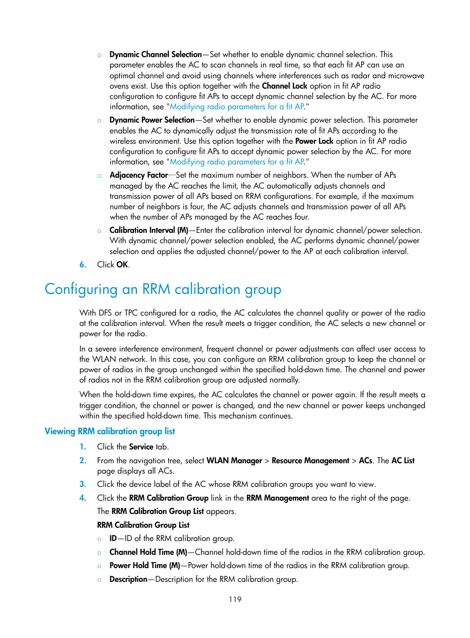 Configuring an rrm calibration group, Viewing rrm calibration group list | H3C Technologies H3C Intelligent Management Center User Manual | Page 141 / 751