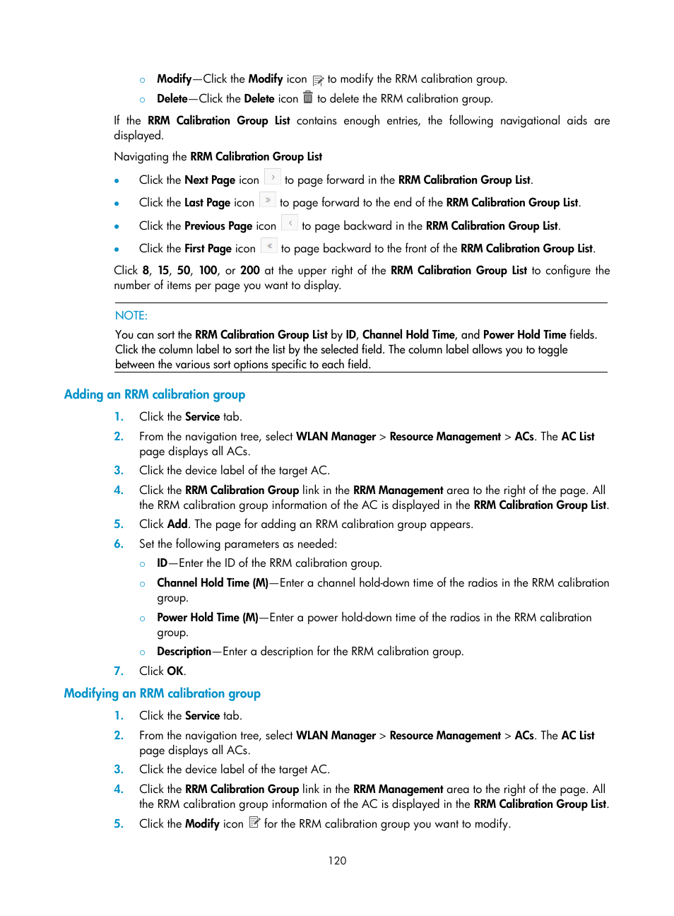 Adding an rrm calibration group, Modifying an rrm calibration group | H3C Technologies H3C Intelligent Management Center User Manual | Page 142 / 751