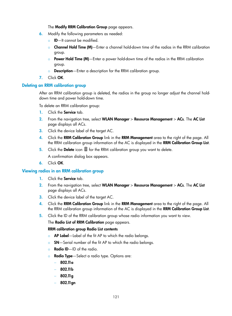 Deleting an rrm calibration group, Viewing radios in an rrm calibration group | H3C Technologies H3C Intelligent Management Center User Manual | Page 143 / 751