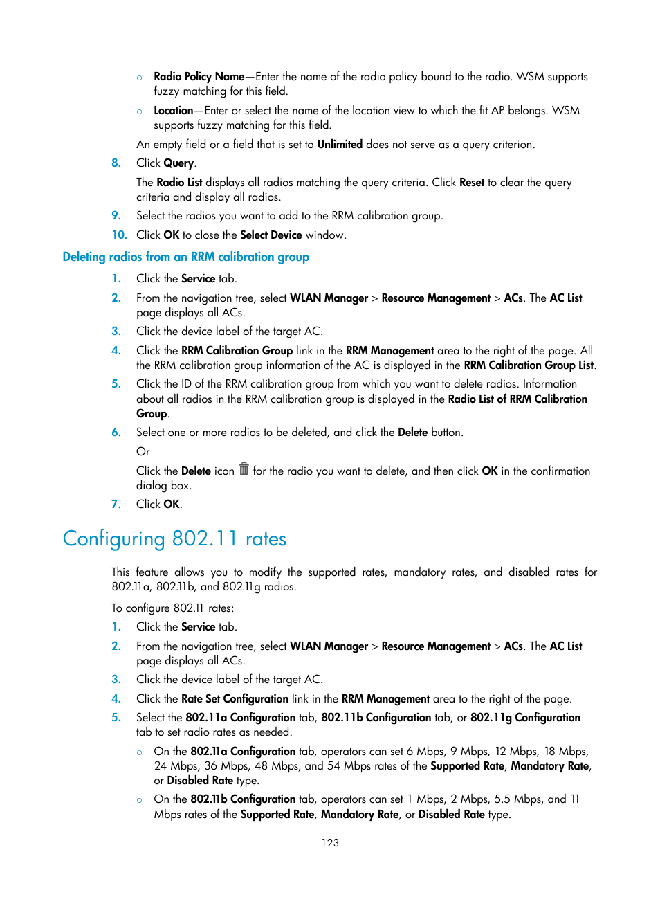 Deleting radios from an rrm calibration group, Configuring 802.11 rates | H3C Technologies H3C Intelligent Management Center User Manual | Page 145 / 751