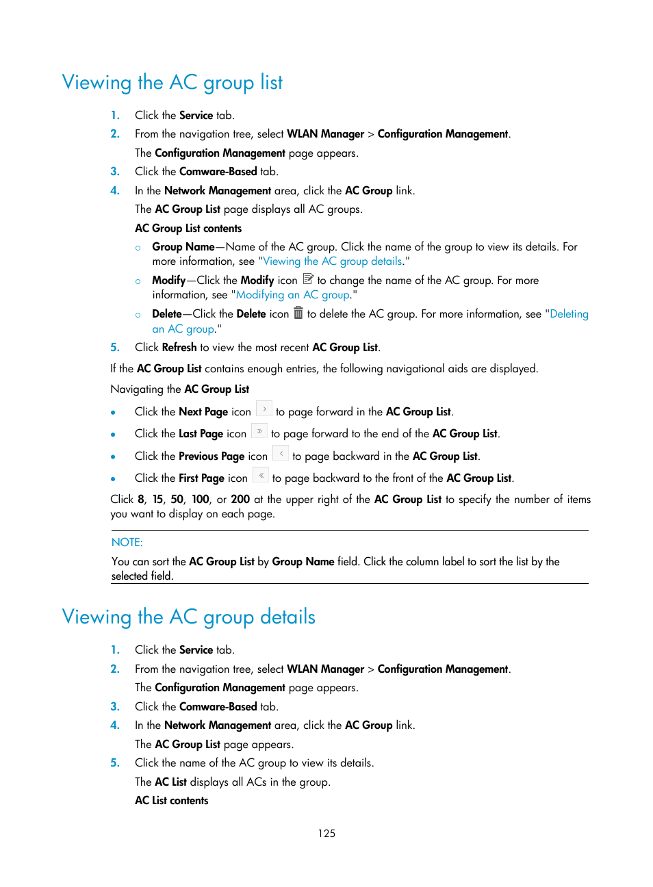 Viewing the ac group list, Viewing the ac group details | H3C Technologies H3C Intelligent Management Center User Manual | Page 147 / 751