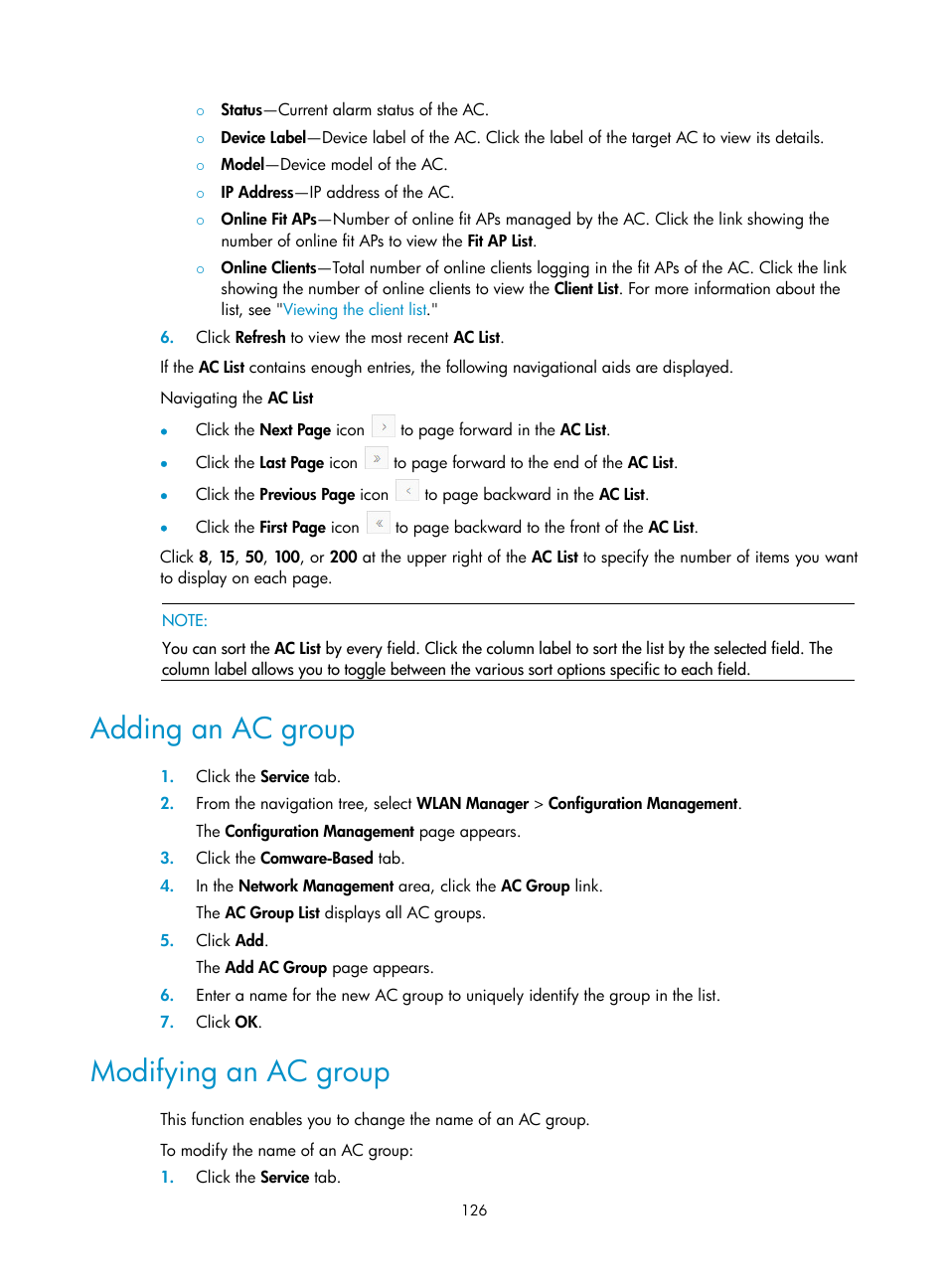 Adding an ac group, Modifying an ac group | H3C Technologies H3C Intelligent Management Center User Manual | Page 148 / 751