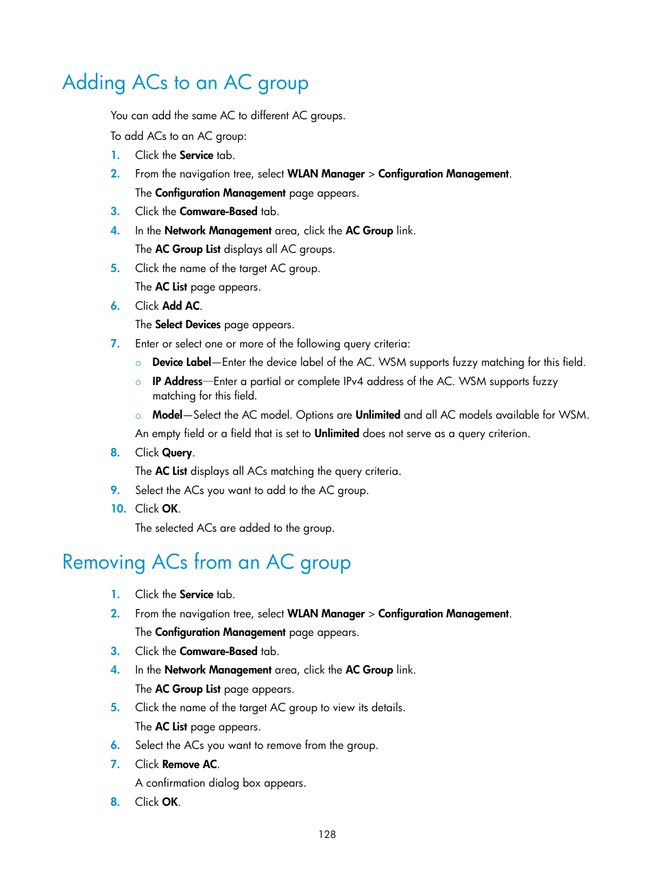 Adding acs to an ac group, Removing acs from an ac group | H3C Technologies H3C Intelligent Management Center User Manual | Page 150 / 751