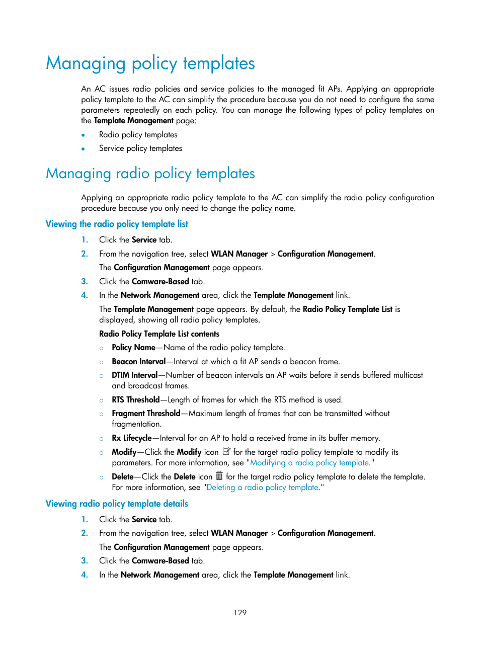 Managing policy templates, Managing radio policy templates, Viewing the radio policy template list | Viewing radio policy template details | H3C Technologies H3C Intelligent Management Center User Manual | Page 151 / 751