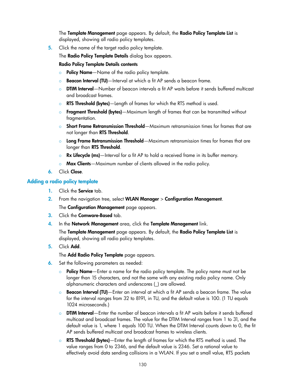 Adding a radio policy template | H3C Technologies H3C Intelligent Management Center User Manual | Page 152 / 751