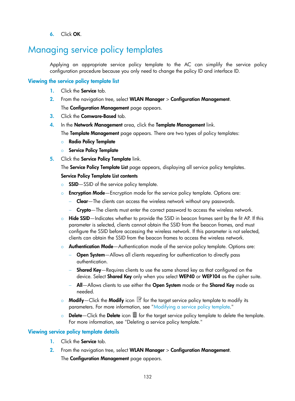 Managing service policy templates, Viewing the service policy template list, Viewing service policy template details | Managing service policy, Templates | H3C Technologies H3C Intelligent Management Center User Manual | Page 154 / 751