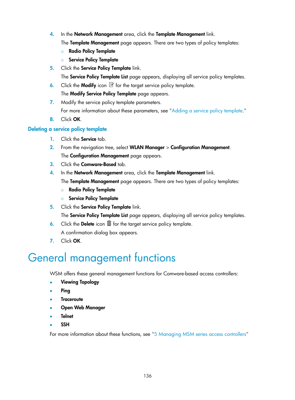 Deleting a service policy template, General management functions | H3C Technologies H3C Intelligent Management Center User Manual | Page 158 / 751