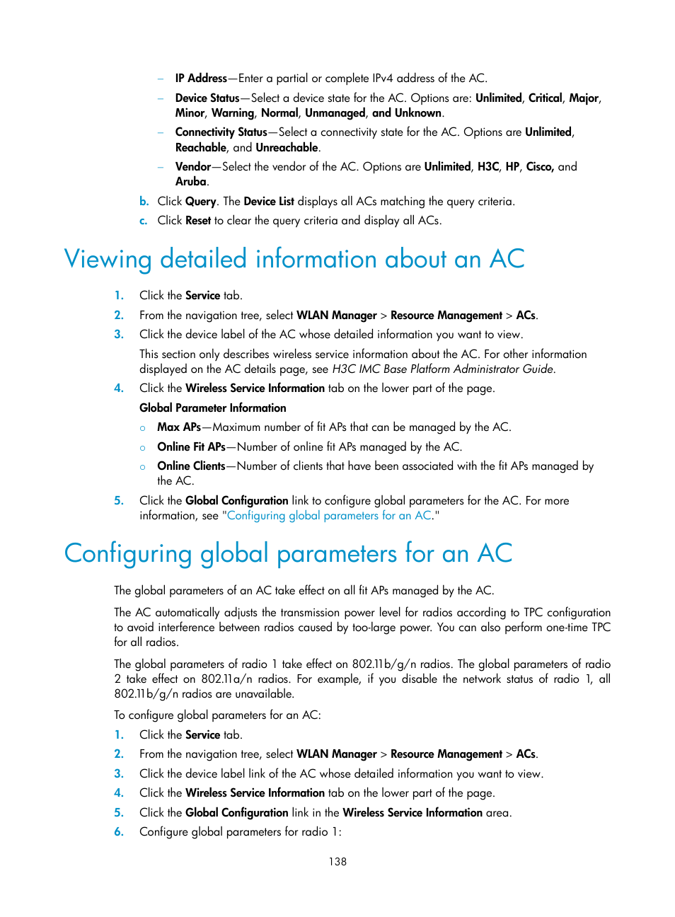 Viewing detailed information about an ac, Configuring global parameters for an ac | H3C Technologies H3C Intelligent Management Center User Manual | Page 160 / 751