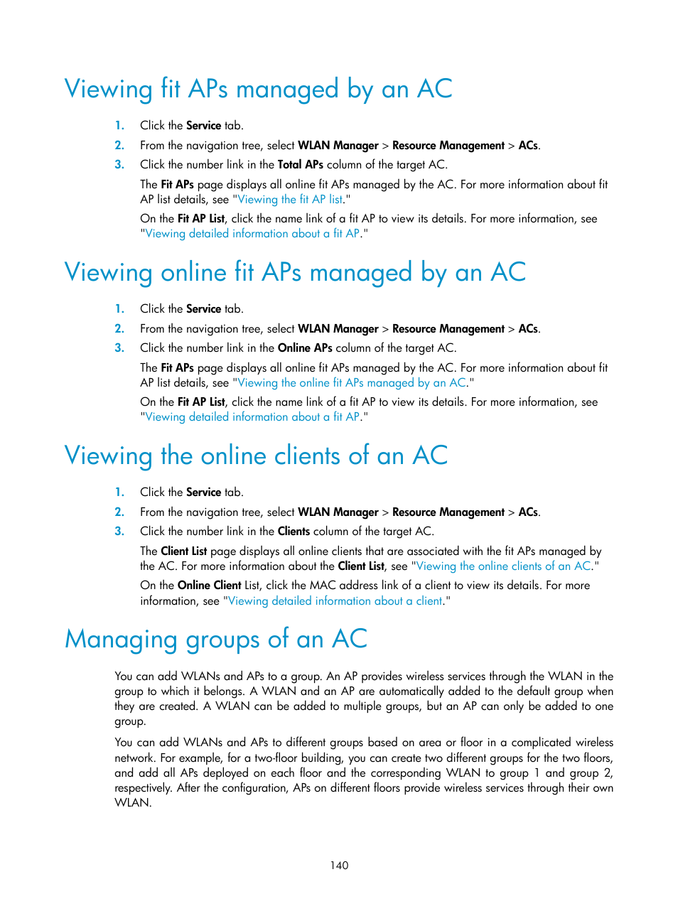 Viewing fit aps managed by an ac, Viewing online fit aps managed by an ac, Viewing the online clients of an ac | Managing groups of an ac | H3C Technologies H3C Intelligent Management Center User Manual | Page 162 / 751