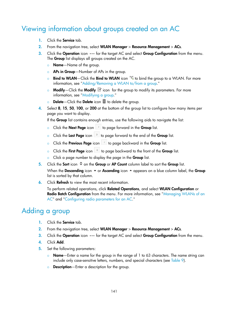 Viewing information about groups created on an ac, Adding a group | H3C Technologies H3C Intelligent Management Center User Manual | Page 163 / 751