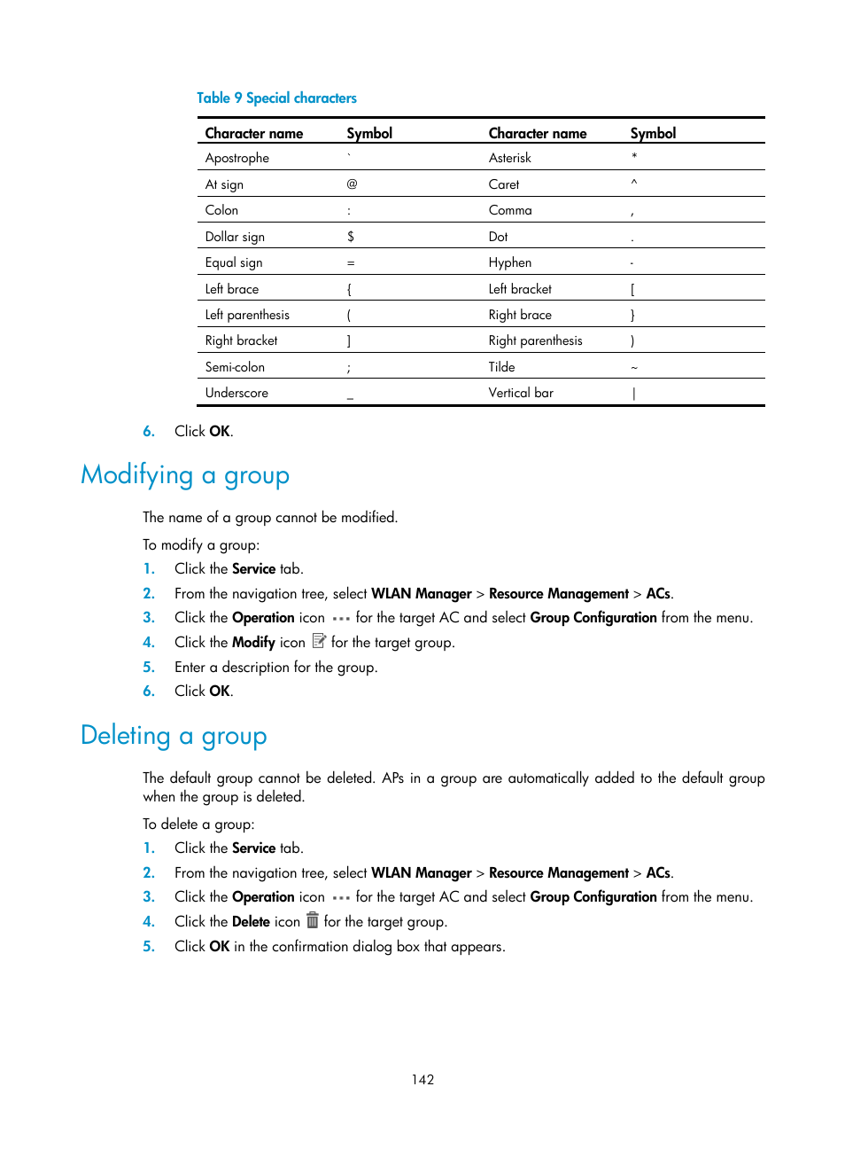 Modifying a group, Deleting a group, Table 9 | H3C Technologies H3C Intelligent Management Center User Manual | Page 164 / 751