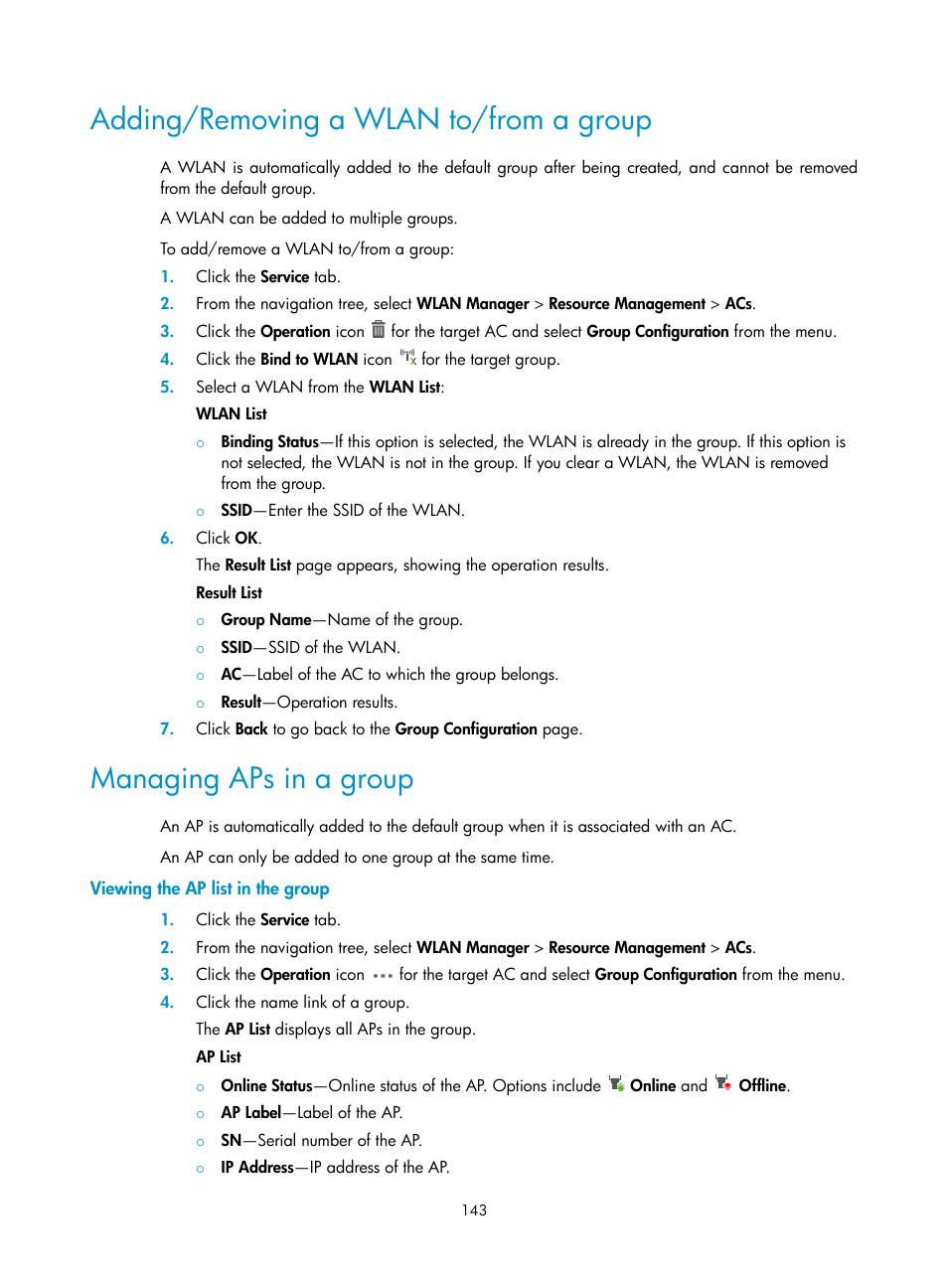 Adding/removing a wlan to/from a group, Managing aps in a group, Viewing the ap list in the group | H3C Technologies H3C Intelligent Management Center User Manual | Page 165 / 751