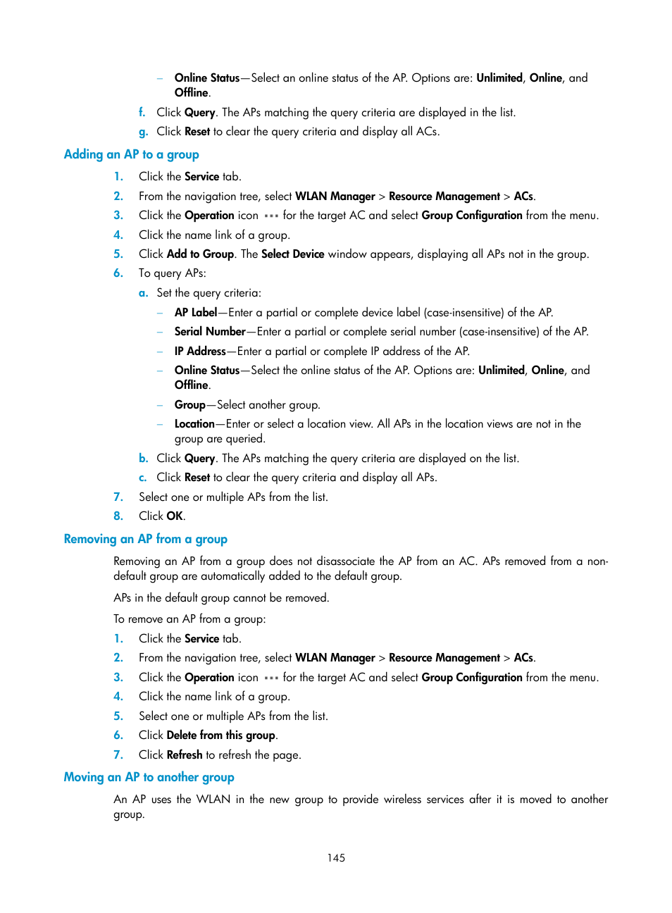 Adding an ap to a group, Removing an ap from a group, Moving an ap to another group | H3C Technologies H3C Intelligent Management Center User Manual | Page 167 / 751