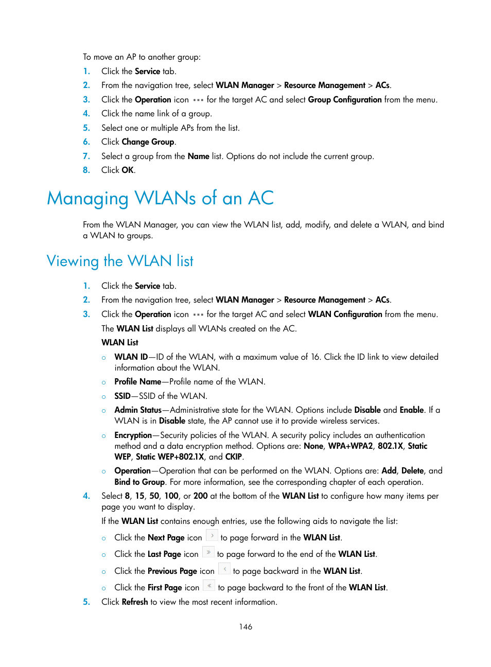 Managing wlans of an ac, Viewing the wlan list, Managing wlans of an | H3C Technologies H3C Intelligent Management Center User Manual | Page 168 / 751