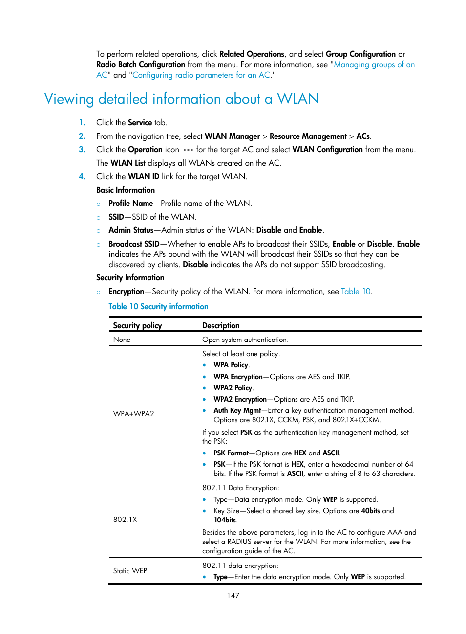 Viewing detailed information about a wlan | H3C Technologies H3C Intelligent Management Center User Manual | Page 169 / 751