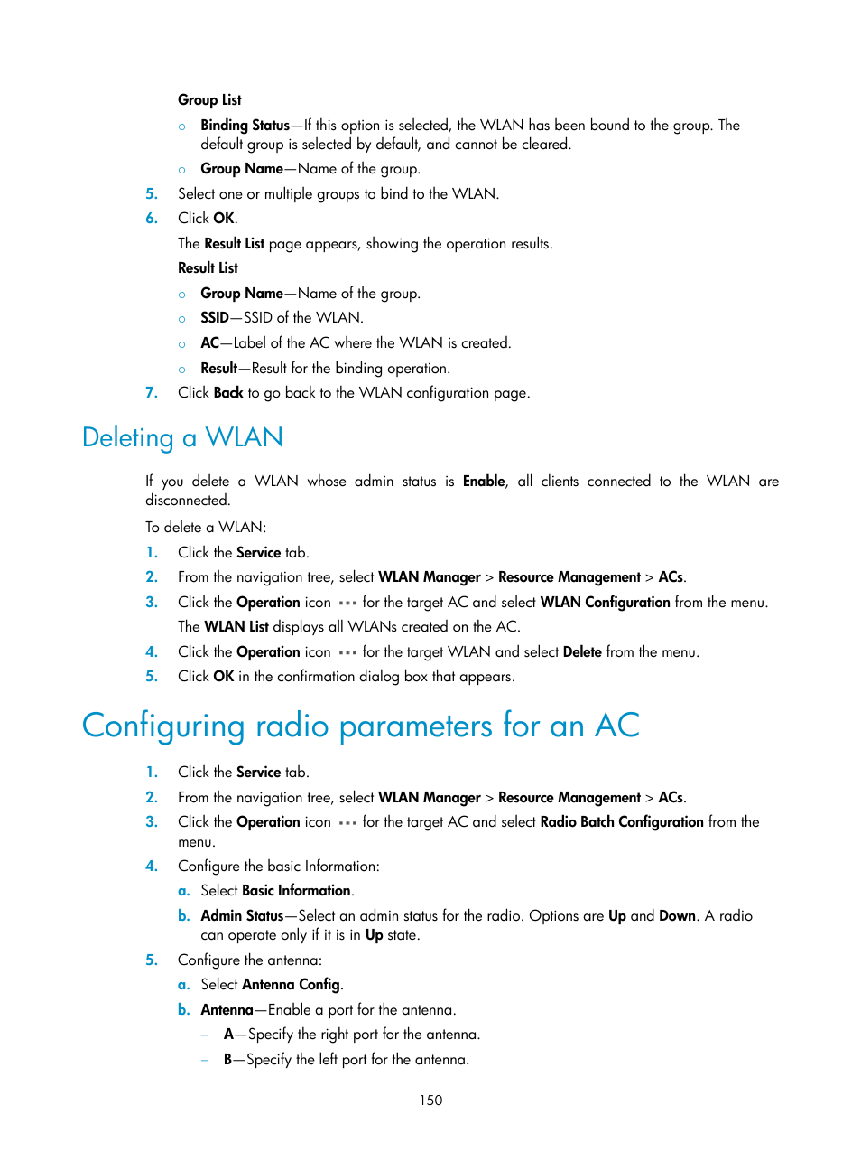 Deleting a wlan, Configuring radio parameters for an ac | H3C Technologies H3C Intelligent Management Center User Manual | Page 172 / 751