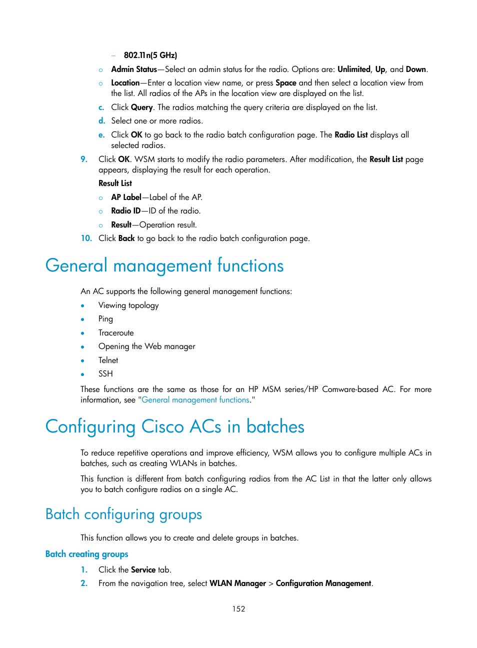 General management functions, Configuring cisco acs in batches, Batch configuring groups | Batch creating groups | H3C Technologies H3C Intelligent Management Center User Manual | Page 174 / 751