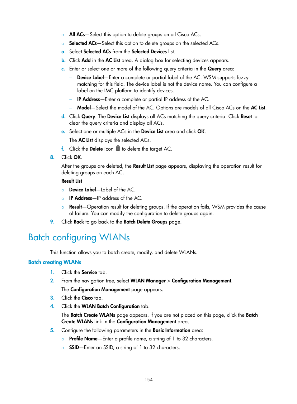 Batch configuring wlans, Batch creating wlans | H3C Technologies H3C Intelligent Management Center User Manual | Page 176 / 751