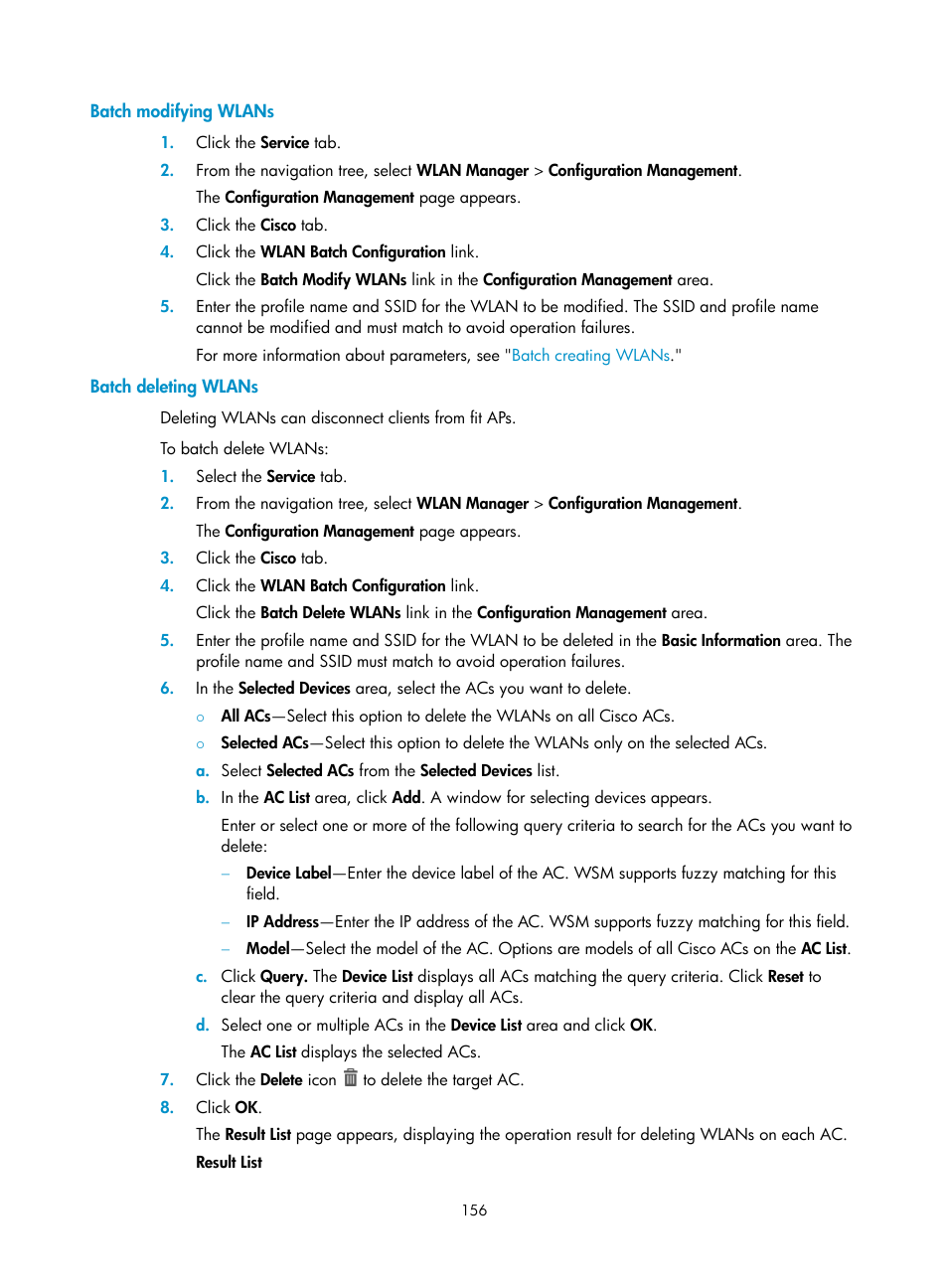 Batch modifying wlans, Batch deleting wlans | H3C Technologies H3C Intelligent Management Center User Manual | Page 178 / 751