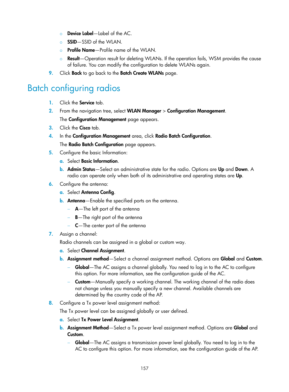 Batch configuring radios | H3C Technologies H3C Intelligent Management Center User Manual | Page 179 / 751