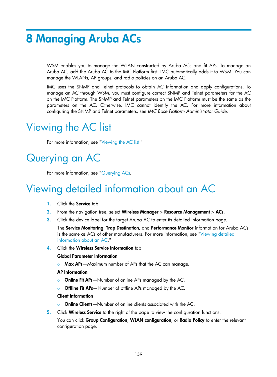 8 managing aruba acs, Viewing the ac list, Querying an ac | Viewing detailed information about an ac | H3C Technologies H3C Intelligent Management Center User Manual | Page 181 / 751