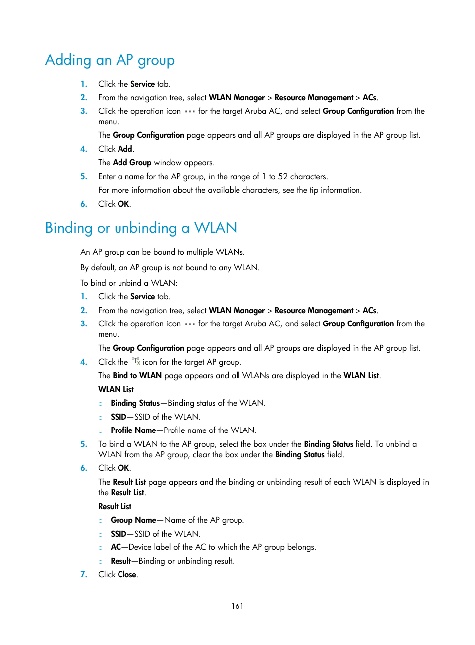 Adding an ap group, Binding or unbinding a wlan | H3C Technologies H3C Intelligent Management Center User Manual | Page 183 / 751