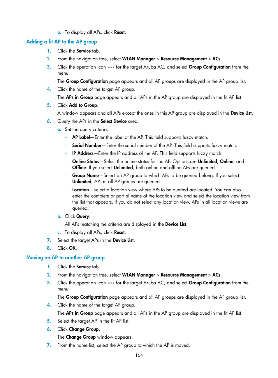 Adding a fit ap to the ap group, Moving an ap to another ap group | H3C Technologies H3C Intelligent Management Center User Manual | Page 186 / 751