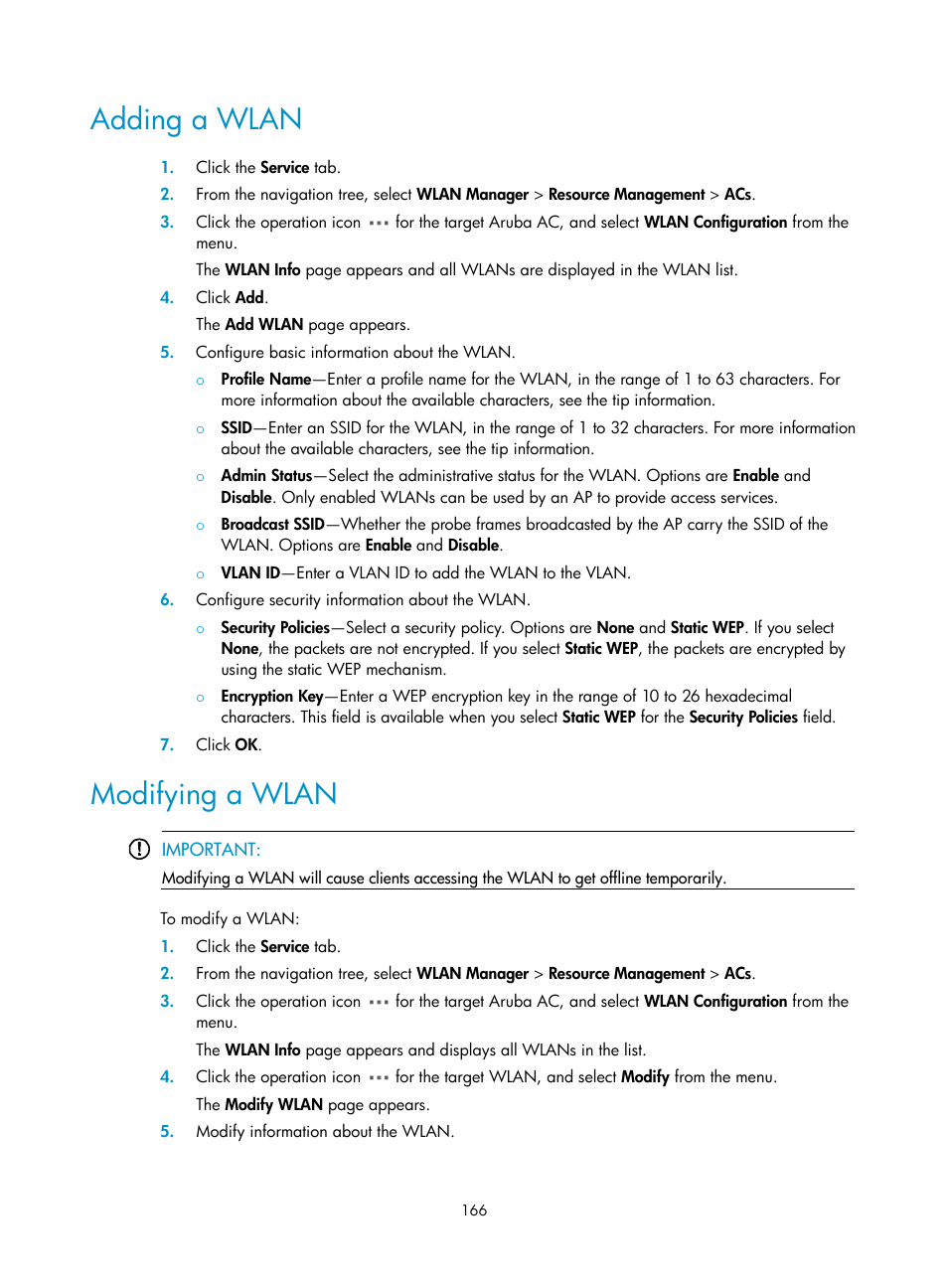 Adding a wlan, Modifying a wlan | H3C Technologies H3C Intelligent Management Center User Manual | Page 188 / 751