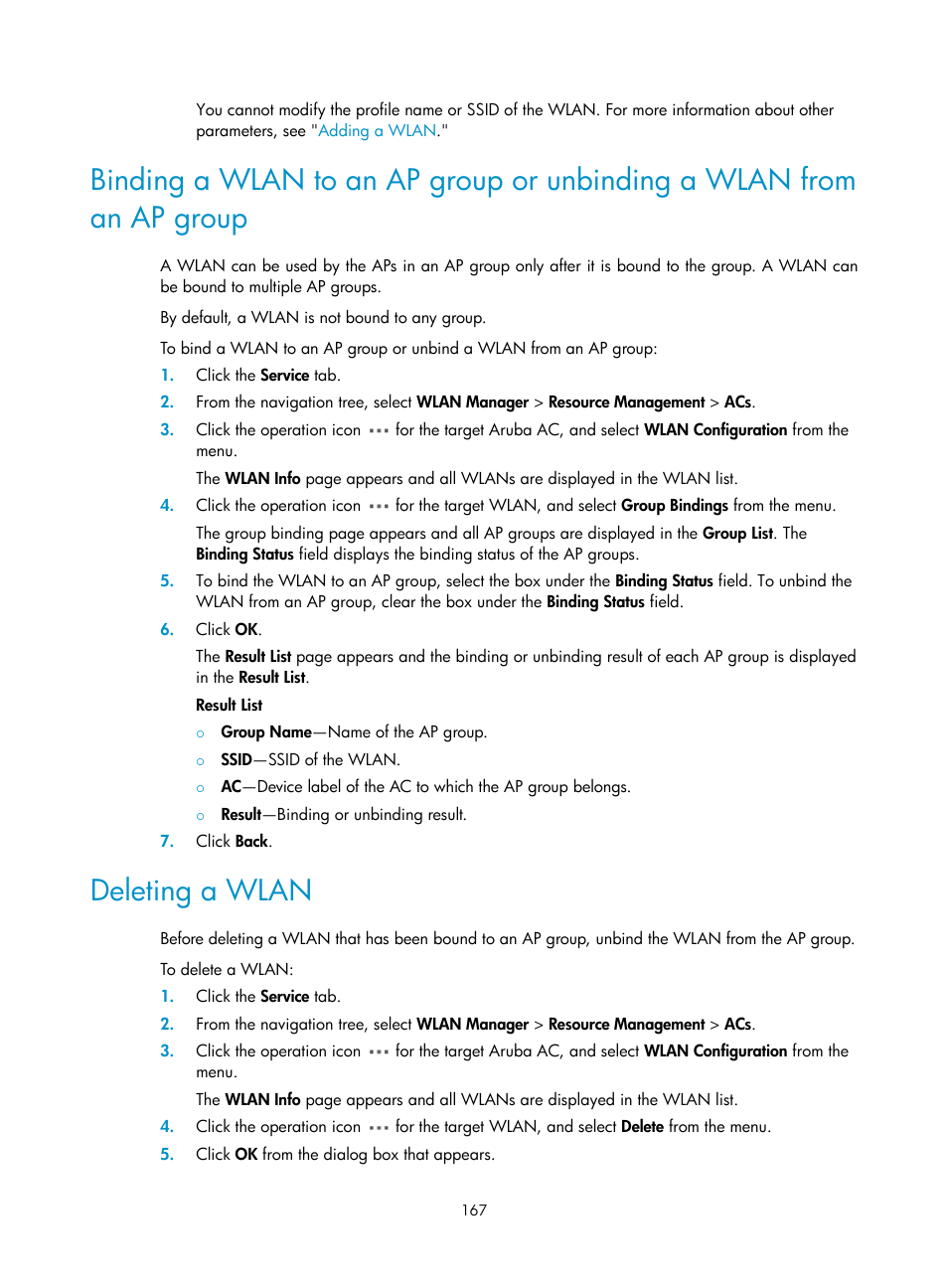 Deleting a wlan | H3C Technologies H3C Intelligent Management Center User Manual | Page 189 / 751