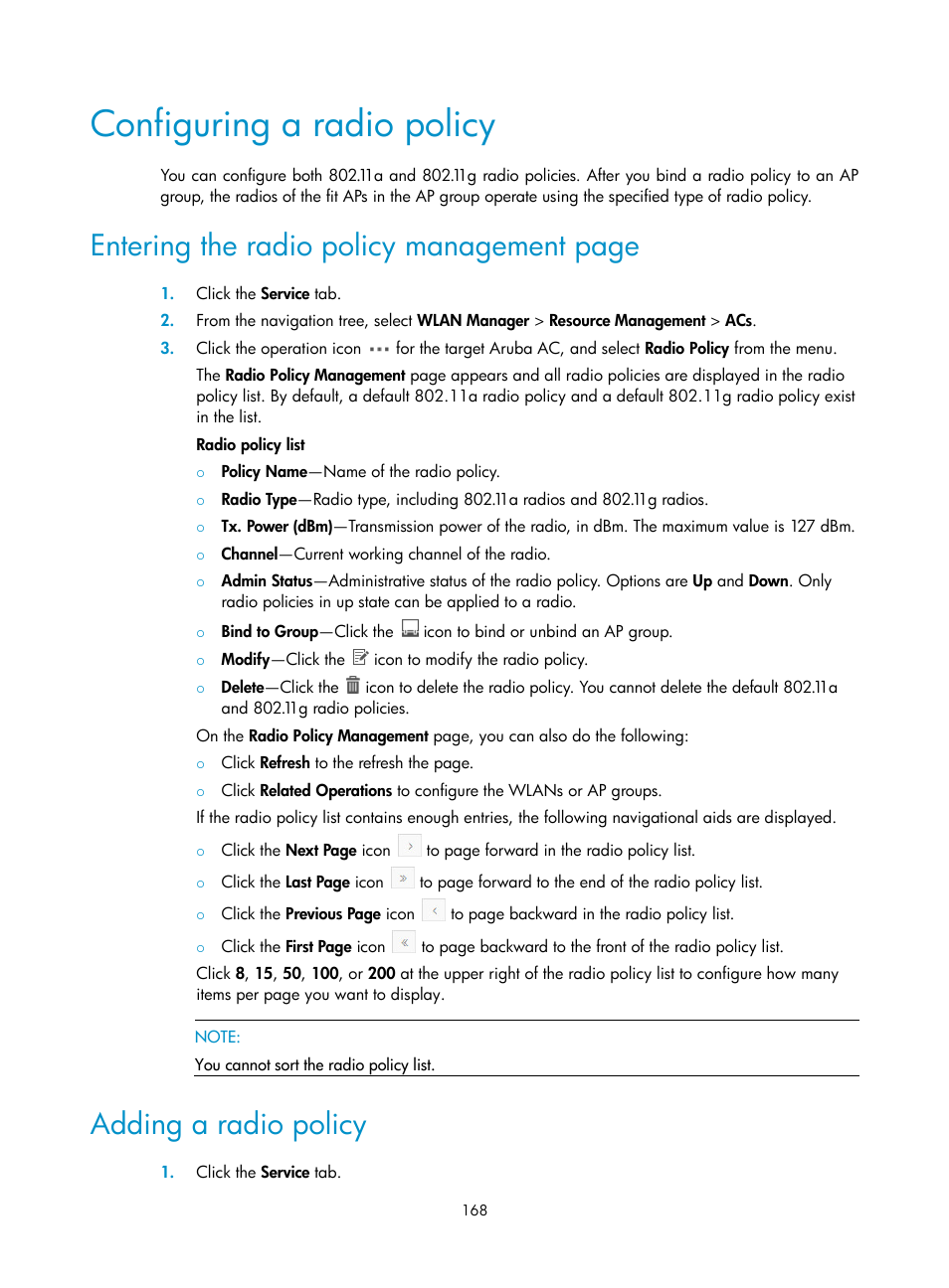 Configuring a radio policy, Adding a radio policy, Entering the radio policy management page | H3C Technologies H3C Intelligent Management Center User Manual | Page 190 / 751