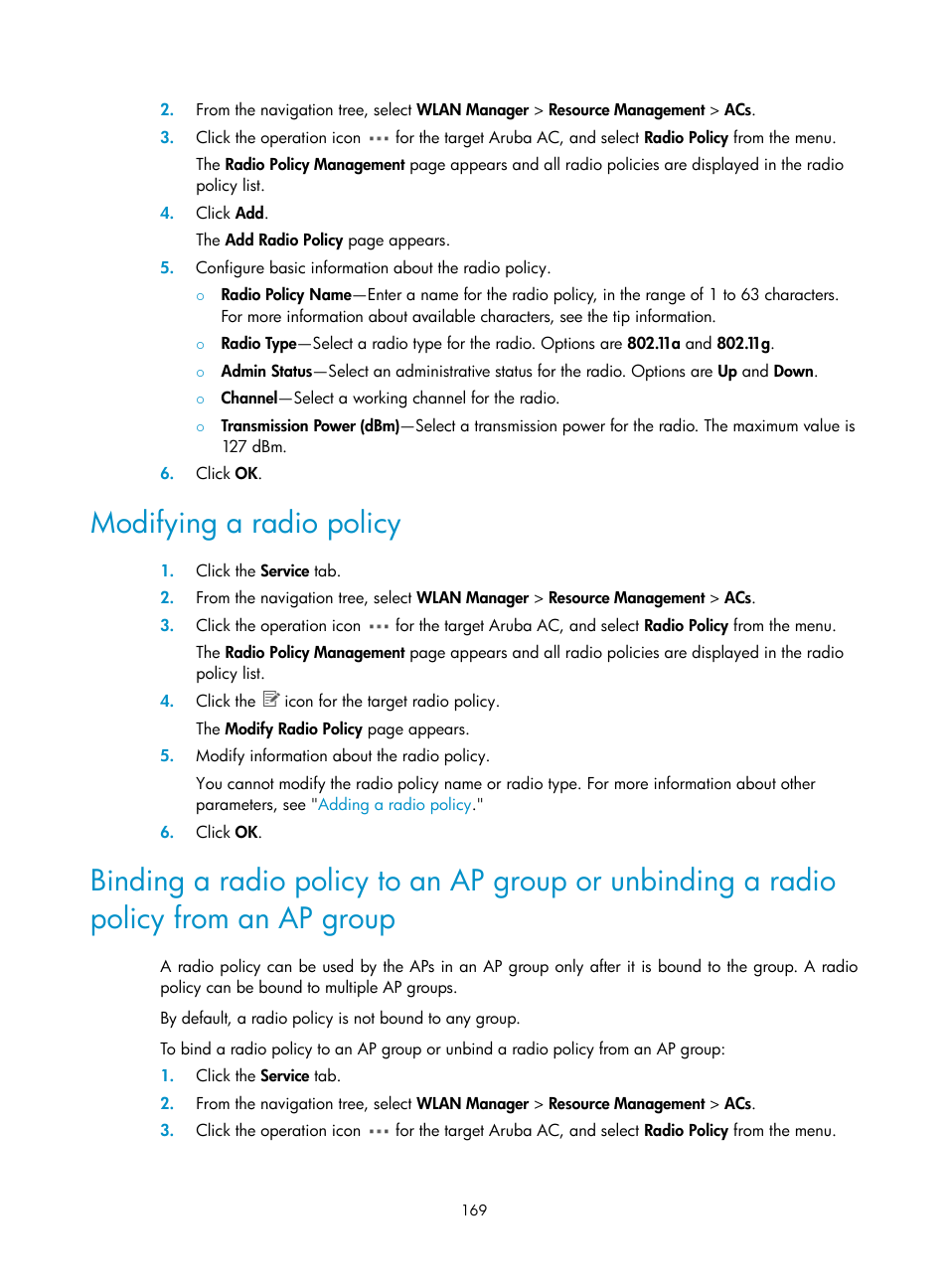 Modifying a radio policy | H3C Technologies H3C Intelligent Management Center User Manual | Page 191 / 751