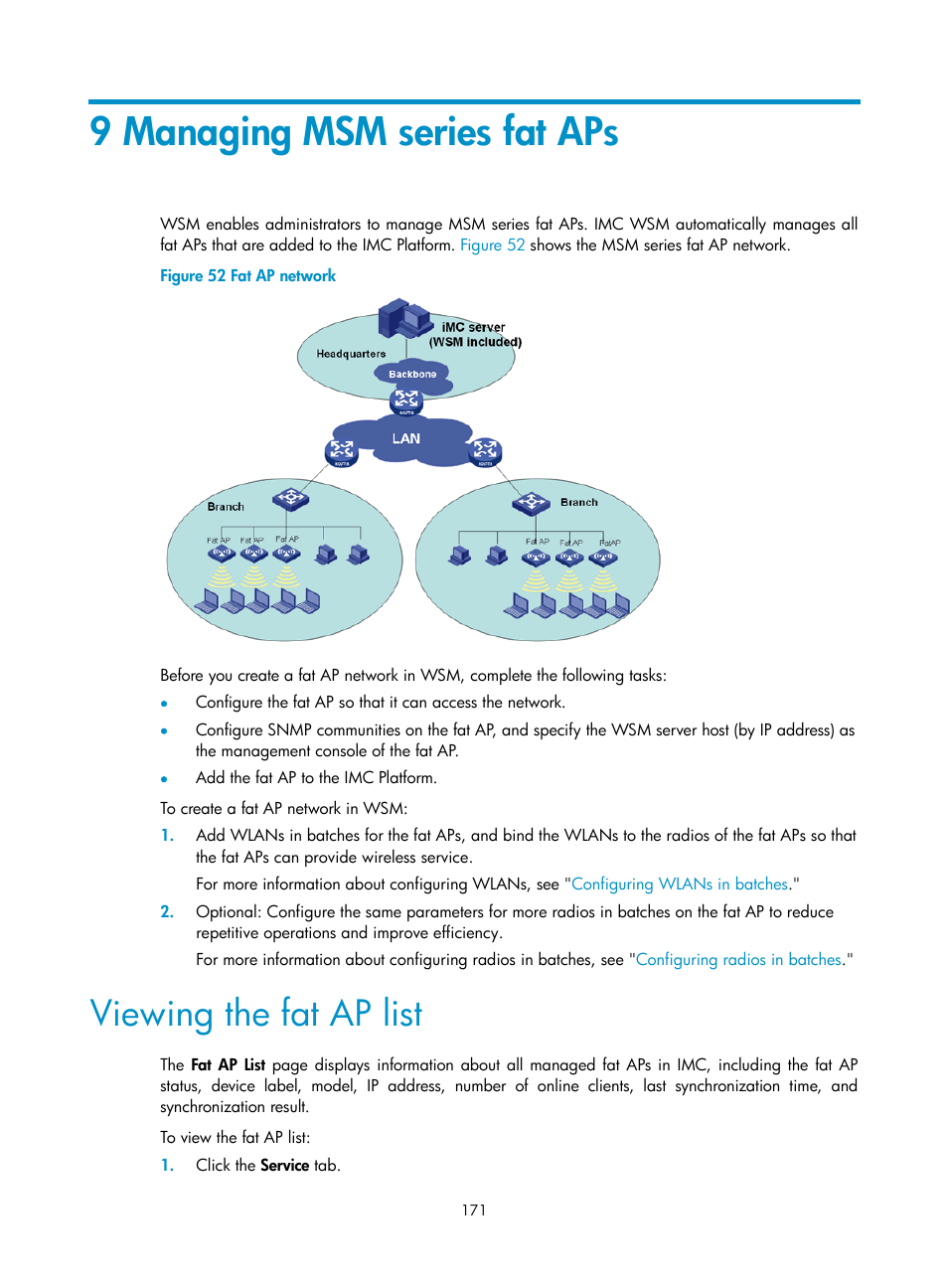 9 managing msm series fat aps, Viewing the fat ap list | H3C Technologies H3C Intelligent Management Center User Manual | Page 193 / 751