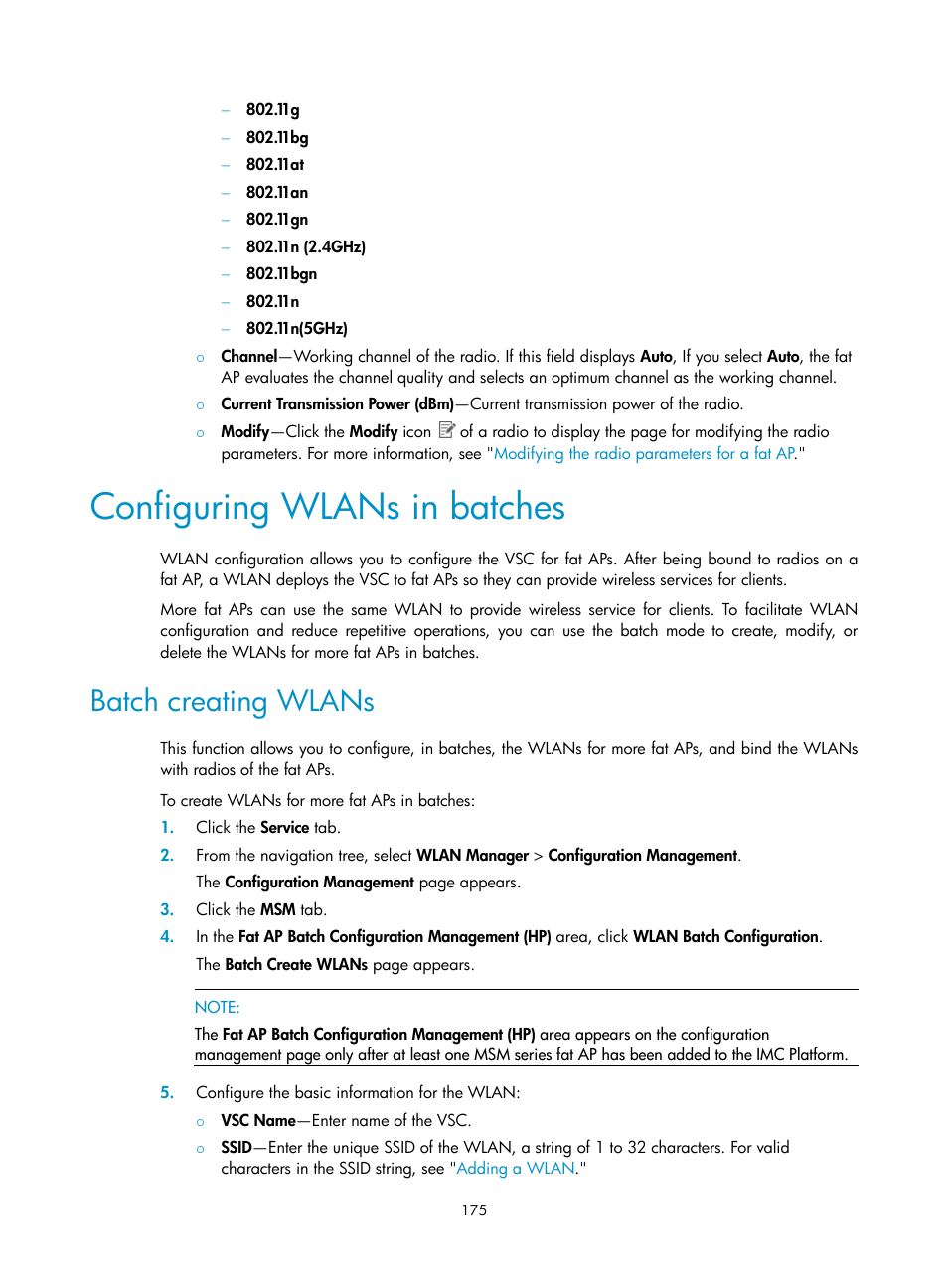 Configuring wlans in batches, Batch creating wlans | H3C Technologies H3C Intelligent Management Center User Manual | Page 197 / 751