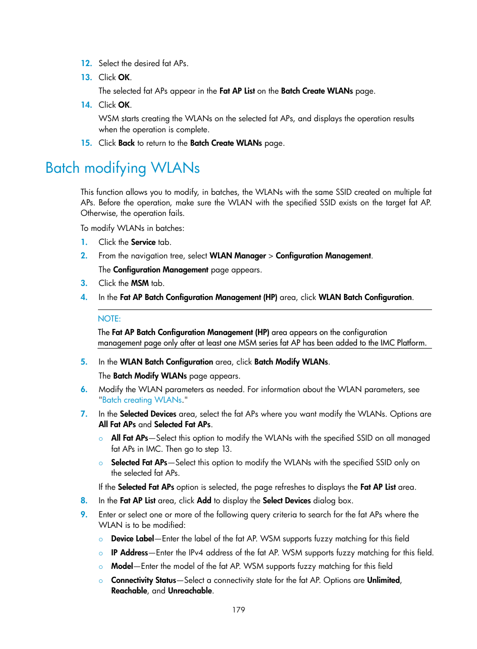 Batch modifying wlans | H3C Technologies H3C Intelligent Management Center User Manual | Page 201 / 751