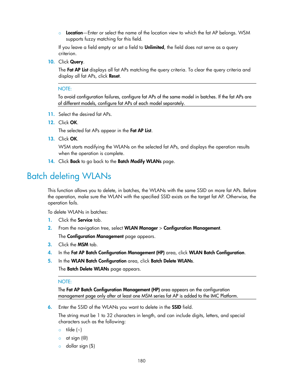 Batch deleting wlans | H3C Technologies H3C Intelligent Management Center User Manual | Page 202 / 751