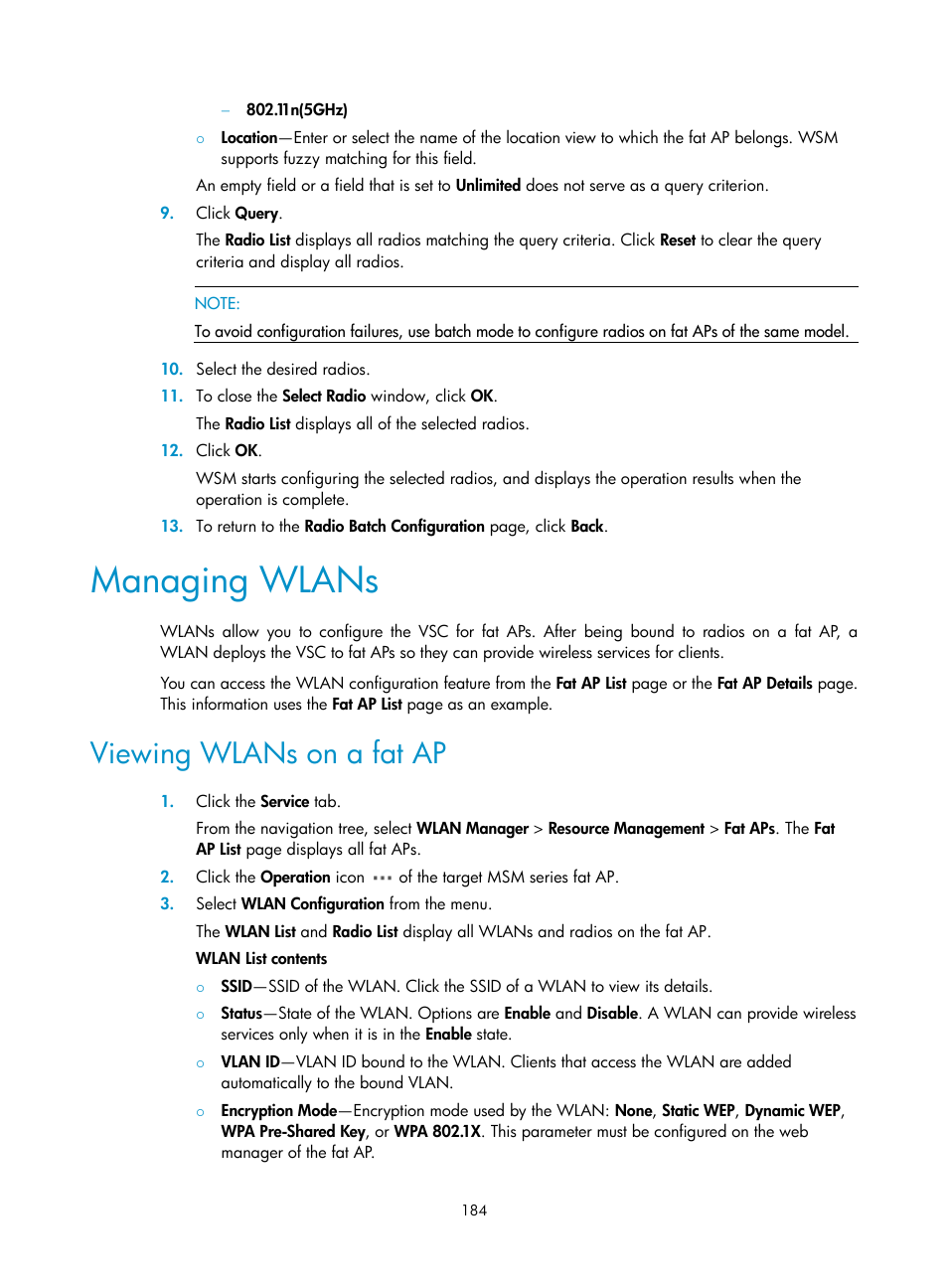 Managing wlans, Viewing wlans on a fat ap | H3C Technologies H3C Intelligent Management Center User Manual | Page 206 / 751