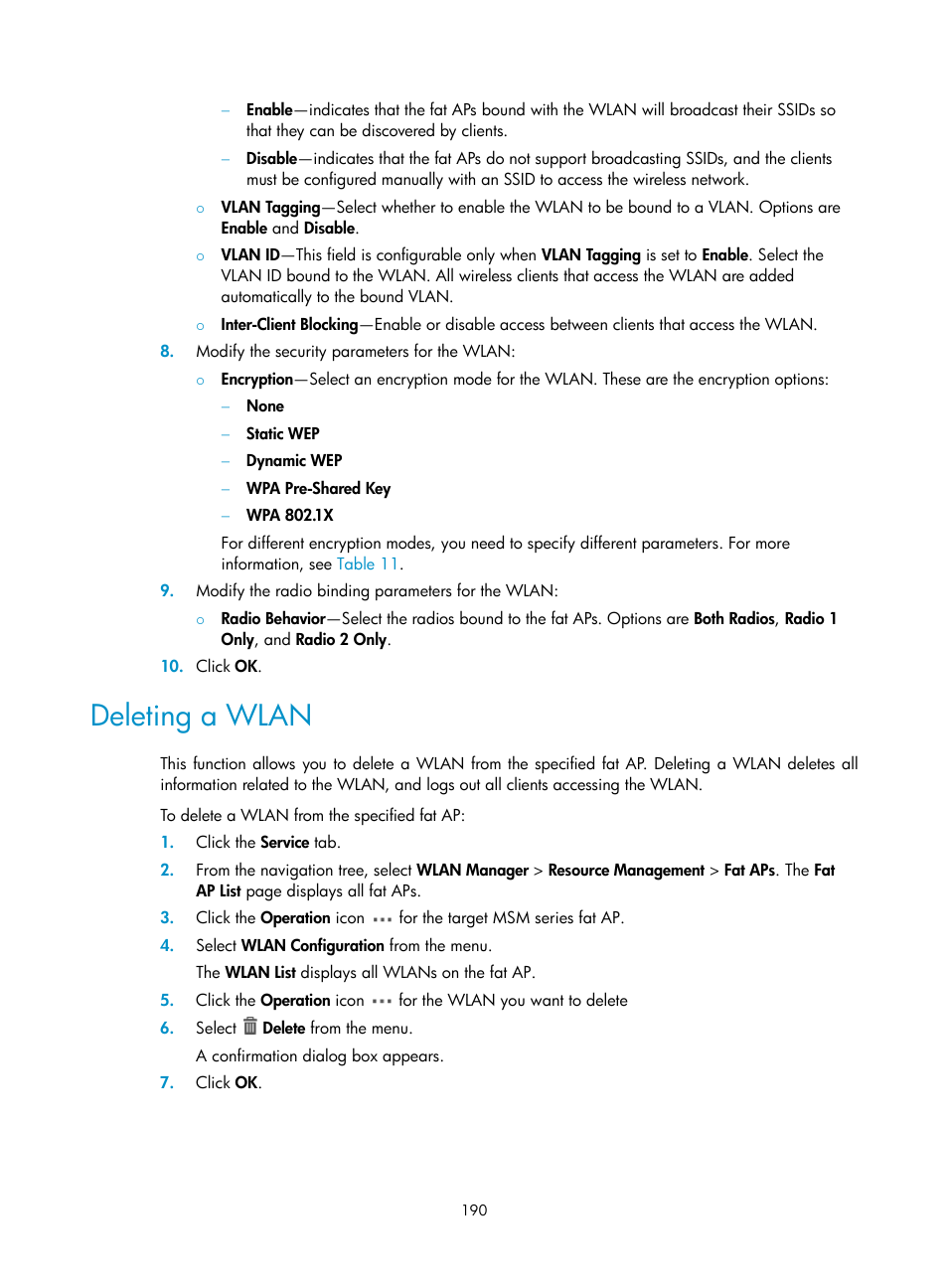 Deleting a wlan | H3C Technologies H3C Intelligent Management Center User Manual | Page 212 / 751
