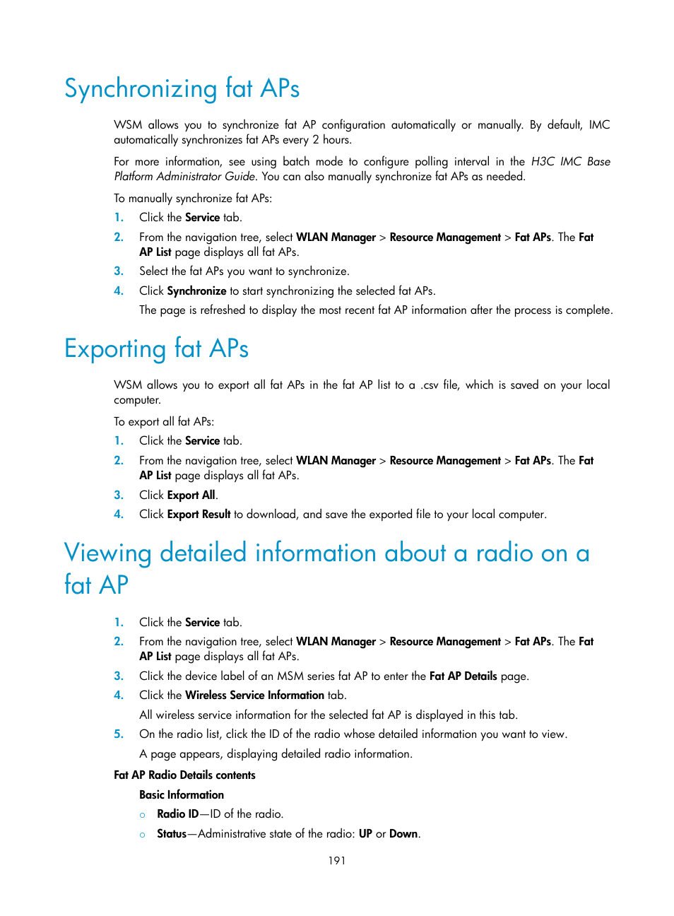 Synchronizing fat aps, Exporting fat aps | H3C Technologies H3C Intelligent Management Center User Manual | Page 213 / 751