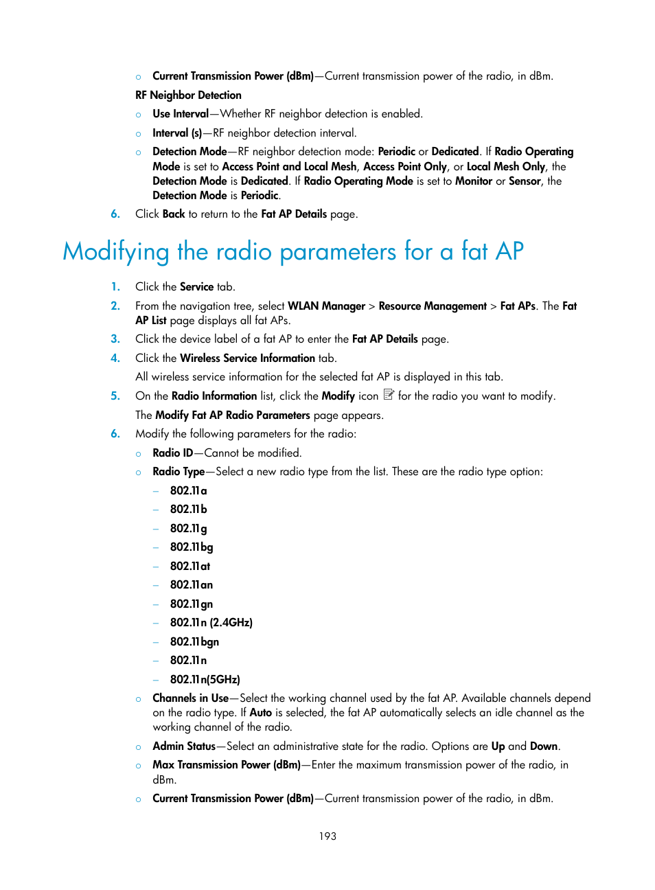 Modifying the radio parameters for a fat ap | H3C Technologies H3C Intelligent Management Center User Manual | Page 215 / 751