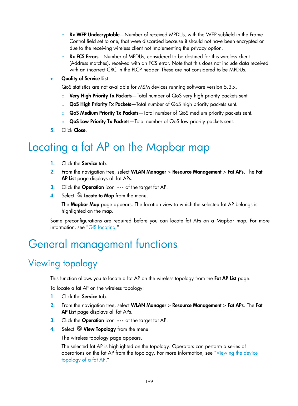Locating a fat ap on the mapbar map, General management functions, Viewing topology | H3C Technologies H3C Intelligent Management Center User Manual | Page 221 / 751