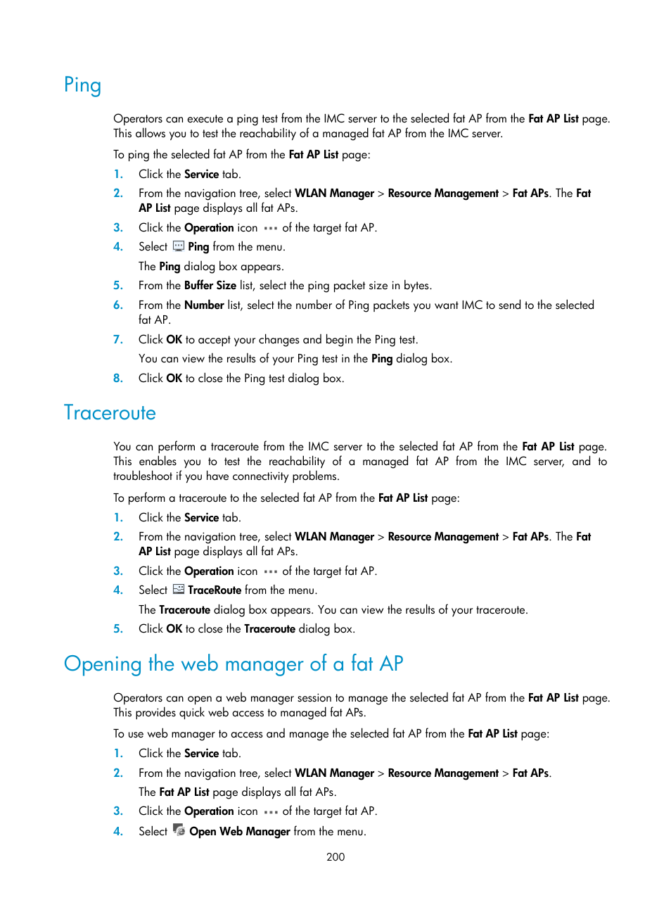 Ping, Traceroute, Opening the web manager of a fat ap | H3C Technologies H3C Intelligent Management Center User Manual | Page 222 / 751