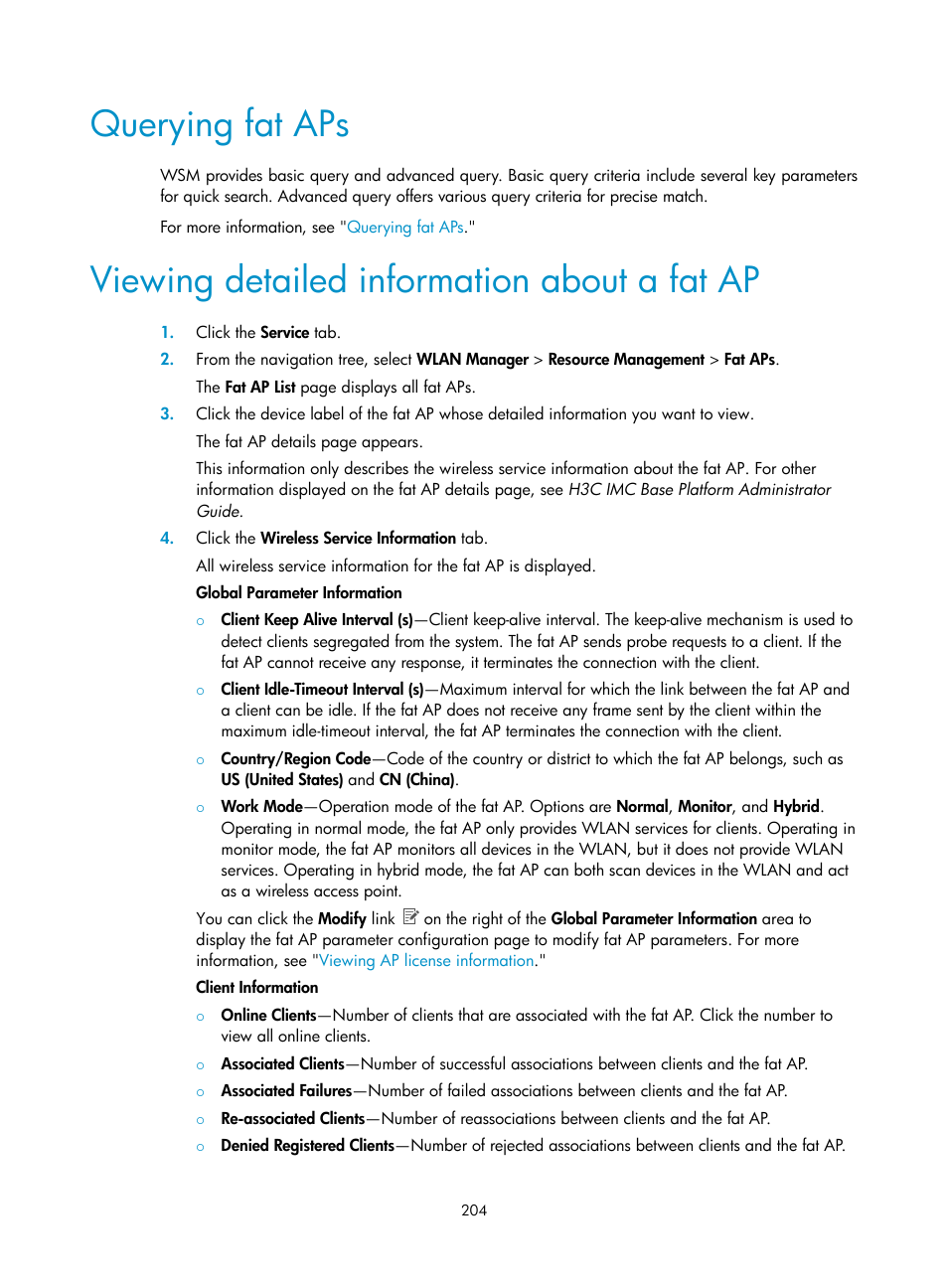 Querying fat aps, Viewing detailed information about a fat ap | H3C Technologies H3C Intelligent Management Center User Manual | Page 226 / 751