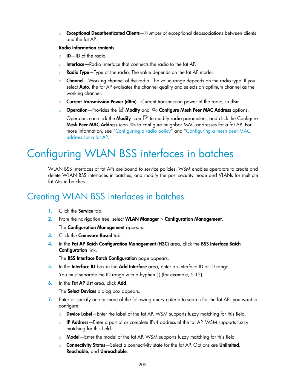 Configuring wlan bss interfaces in batches, Creating wlan bss interfaces in batches, Ation, see | H3C Technologies H3C Intelligent Management Center User Manual | Page 227 / 751