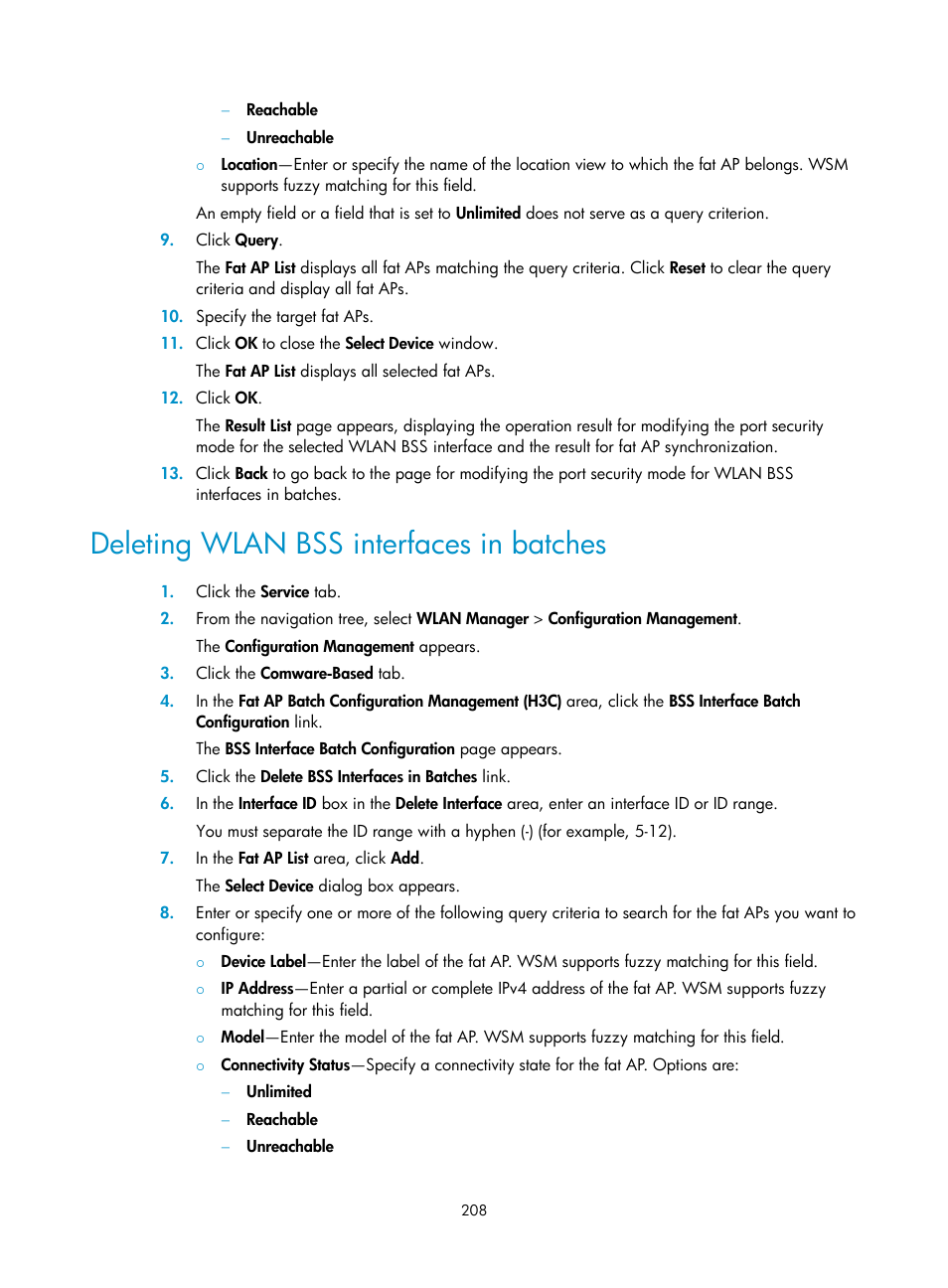 Deleting wlan bss interfaces in batches | H3C Technologies H3C Intelligent Management Center User Manual | Page 230 / 751